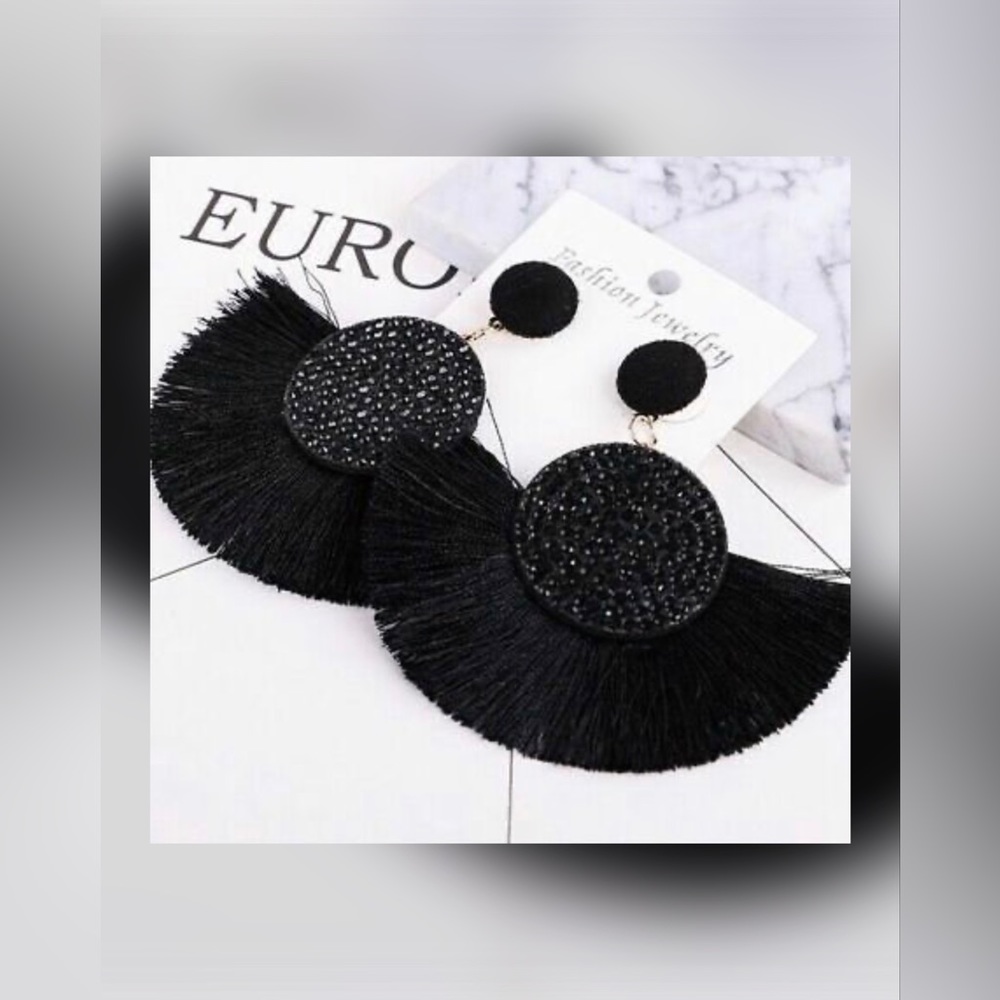 BLACK BOHEMIAN RHINESTONE BEADED FRINGE THREADED TASSEL DROP EARRINGS